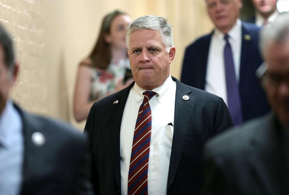 PHOTO: Rep. Drew Ferguson (R-GA) arrives for a House Republican members meeting as the conference continues to debate the race for Speaker of the House at the U.S. Capitol Oct. 19, 2023 in Washington, DC. (Win Mcnamee/Getty Images)