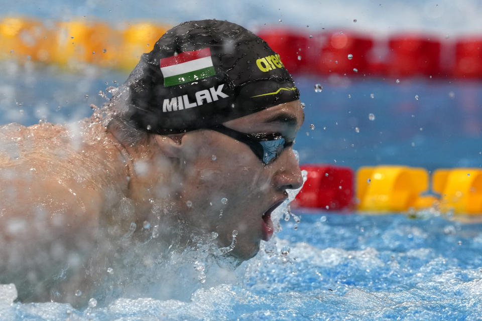 Kristof Milak of Hungary swims in a men's 200-meter butterfly final at the 2020 Summer Olympics, Wednesday, July 28, 2021, in Tokyo, Japan. (AP Photo/Martin Meissner)