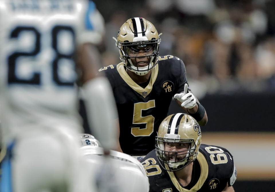 Dec 30, 2018; New Orleans, LA, USA; New Orleans Saints quarterback Teddy Bridgewater (5) gestures at the line of scrimmage against the Carolina Panthers during the second half at the Mercedes-Benz Superdome. Mandatory Credit: Derick E. Hingle-USA TODAY Sports