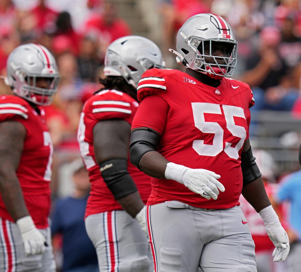 Sept. 9, 2023; Columbus, Oh., USA; 
Ohio State Buckeyes offensive lineman Matthew Jones (55) lines up during the first half of Saturday's NCAA Division I football game against the Youngstown State Penguins at Ohio Stadium.
