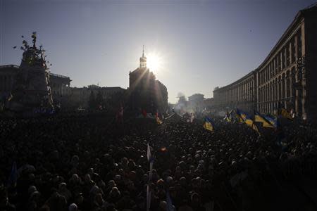 Pro-European integration protesters hold a rally in Independence square in central Kiev, December 29, 2013. REUTERS/Maxim Zmeyev