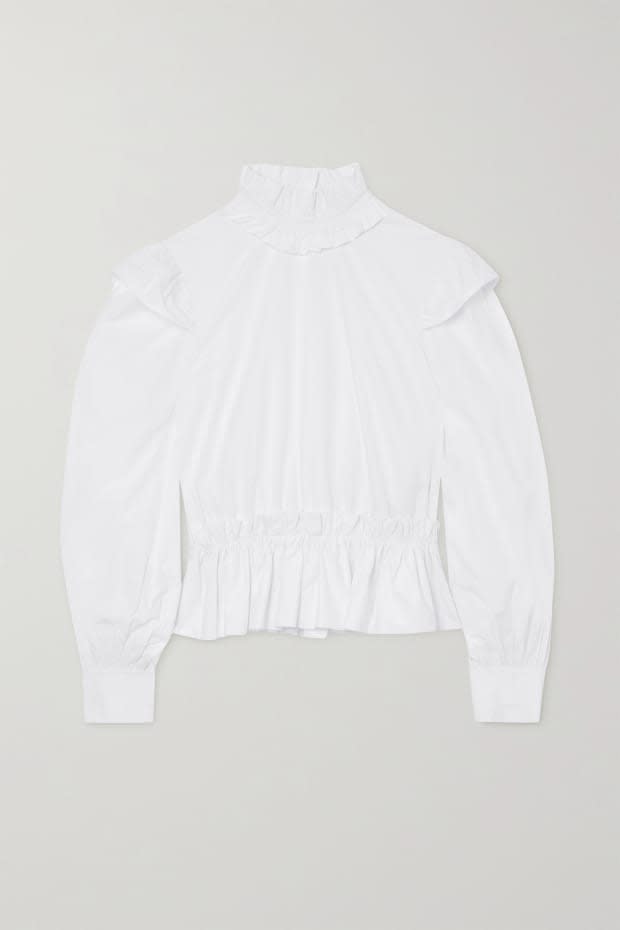 <p>Ganni Ruffled Organic Cottom-Poplin Peplum Blouse, $155, <a href="https://rstyle.me/+ywzhbcR8LZ0vLQHkjAaFRA" rel="nofollow noopener" target="_blank" data-ylk="slk:available here;elm:context_link;itc:0;sec:content-canvas" class="link ">available here</a> (sizes DK 32-DK 44). </p>