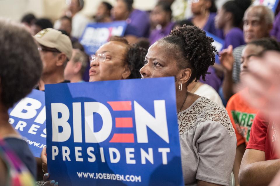 People listen to Democratic presidential candidate Joe Biden at the Hyatt Park community center on May 4, 2019 in Columbia, South Carolina. It is Biden's first visit to South Carolina as a 2020 presidential candidate.