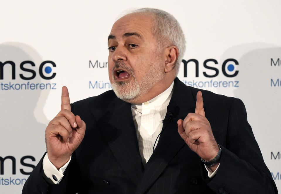 Iranian Foreign Minister Mohammad Javad Zarif speaks on the second day of the Munich Security Conference in Munich, Germany, Saturday, Feb. 15, 2020. (AP Photo/Jens Meyer)