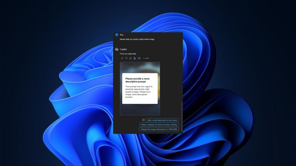 Copilot incapable of generating a plain white image