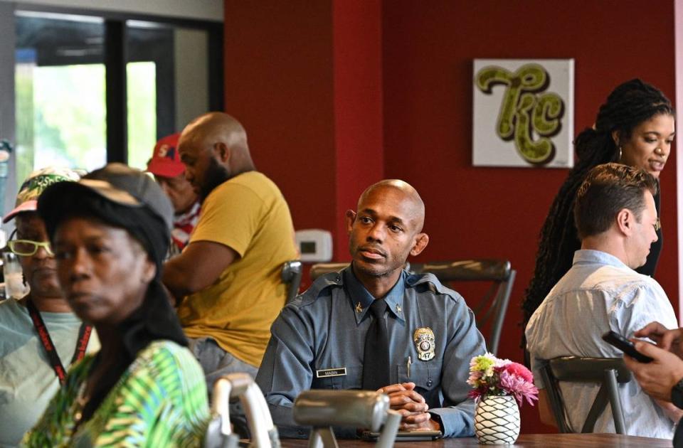 Joe Mabin, Kansas City Police Department interim police chief, listens to a speaker during a monthly mixer put on by Councilman Brandon Ellington July 1 at Soiree Steak & Oyster House in the 18th and Vine Jazz District.