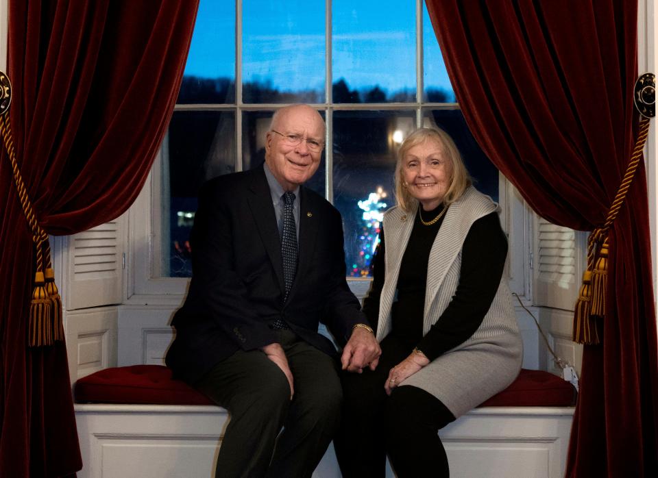 U.S. Sen. Patrick Leahy poses for a portrait with his wife Marcelle and answers questions during an interview with the Burlington Free Press after officiating at the United States Service Academy Nominee Ceremony in the Cedar Creek Room at the Vermont State House in Montpelier, Vermont, on Saturday, December 10, 2022. Leahy, U.S. Sen. Bernie Sanders, and U.S. Rep. Peter Welch posed for portraits with the nine Vermonters who are being nominated to United States Service Academies to be members of the Class of 2027.  This was Sen. Leahy's last official act as senator in Vermont.