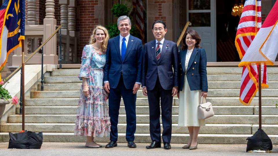 North Carolina First Lady Kristin Cooper, North Carolina Governor Roy Copper, Japanese Prime Minister Fumio Kishida and Japanese First Lady Yuko Kishida pose for a photograph before attending a luncheon at the Executive Mansion on Friday, April 12, 2024 in Raleigh, N.C.