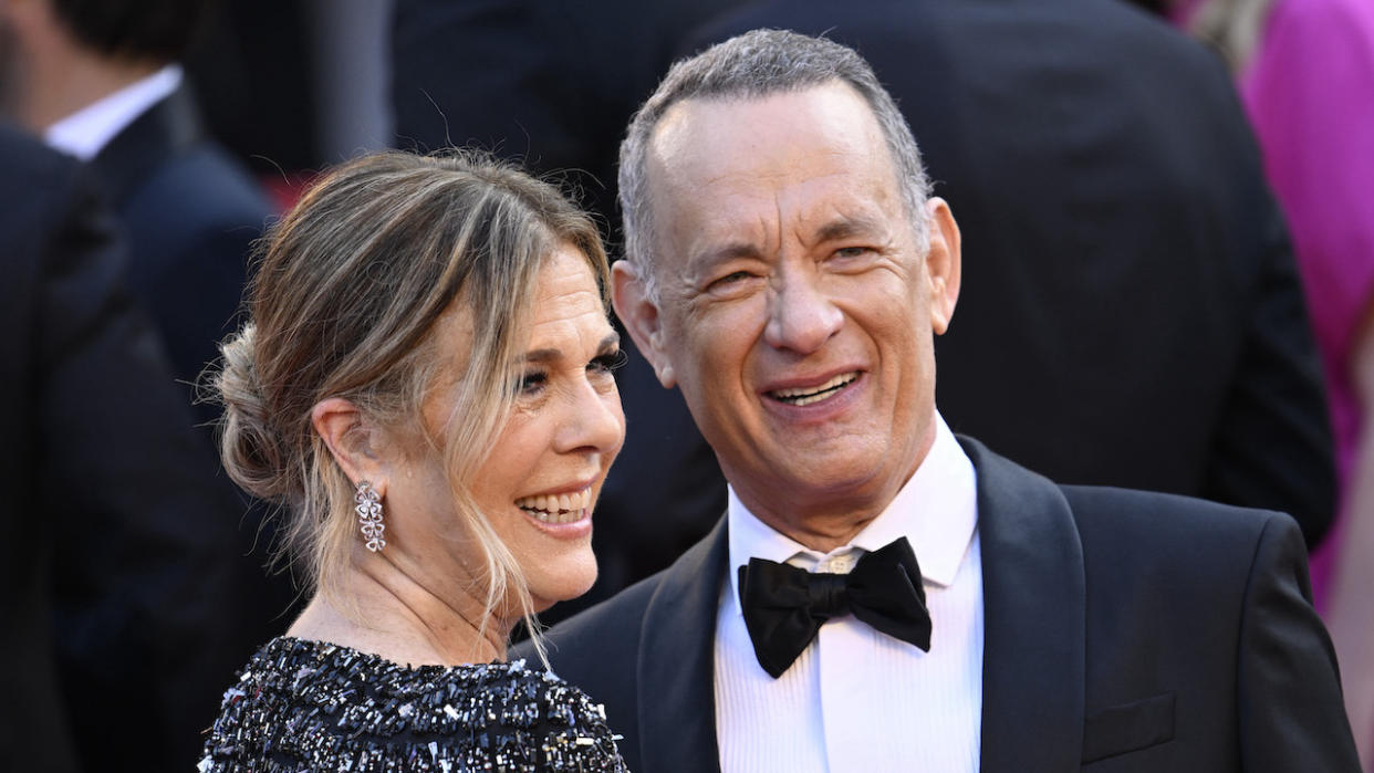  Rita Wilson and Tom Hanks attend the "Asteroid City" red carpet during the 76th annual Cannes film festival at Palais des Festivals on May 23, 2023 in Cannes, France 