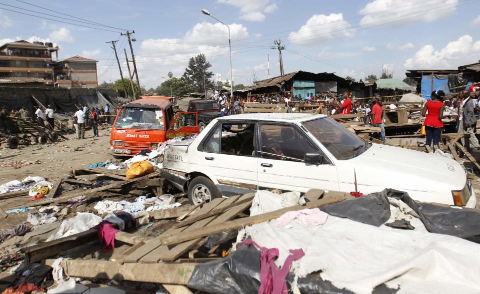 A general view showing the destruction after a twin explosion at the Gikomba open-air market for second-hand clothes in Kenya's capital Nairobi May 16, 2014. At least four people were killed on Friday in two explosions in the Kenyan capital Nairobi, the country's National Disaster Operations Centre (NDOC) said. (REUTERS/Thomas Mukoya)