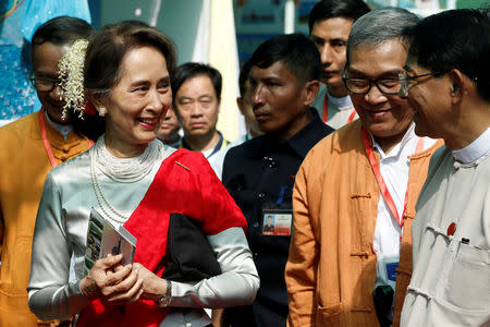 Myanmar's State Counsellor Aung San Suu Kyi arrives at the Rakhine State Investment Fair at Ngapali beach in Thandwe, Rakhine, Myanmar February 22, 2019. REUTERS/Ann Wang