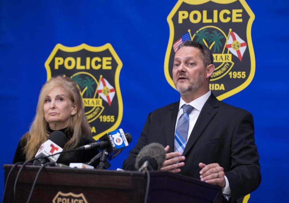 Lori Halpern, the sister of William “Billy” Halpern, who was brutally murdered in his home, joined Miramar Police Detective Danny Smith, as he announced new developments in the murder case that happened 37 years ago, at a press conference at the police headquarters on Wednesday, January 17, 2024. Pedro Portal/pportal@miamiherald.com