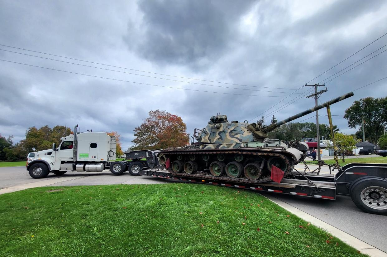 A massive tank arrives by truck at the American Legion Post 449 on Wednesday, Sept. 27. 2023, in Marysville. The post has waited several years for a static asset to exhibit outside its Huron Boulevard building, learning last June it'd receive the tank, which measures 144 inches wide and 290 inches long.