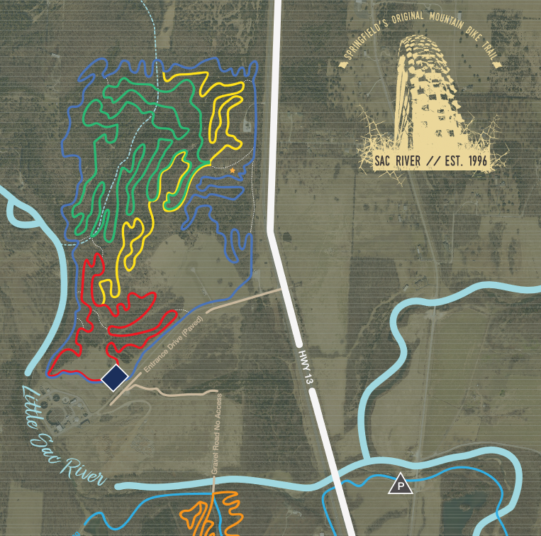 The Sac River Mountain Bike Trails features 14 miles of interconnecting trails. The trailhead is located three miles north of Interstate 44 off Highway 13.