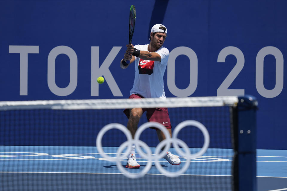 Russian athlete Karen Khachanov practices ahead of the 2020 Summer Olympics at Ariake Tennis Center, Monday, July 19, 2021, in Tokyo. (AP Photo/Kiichiro Sato)