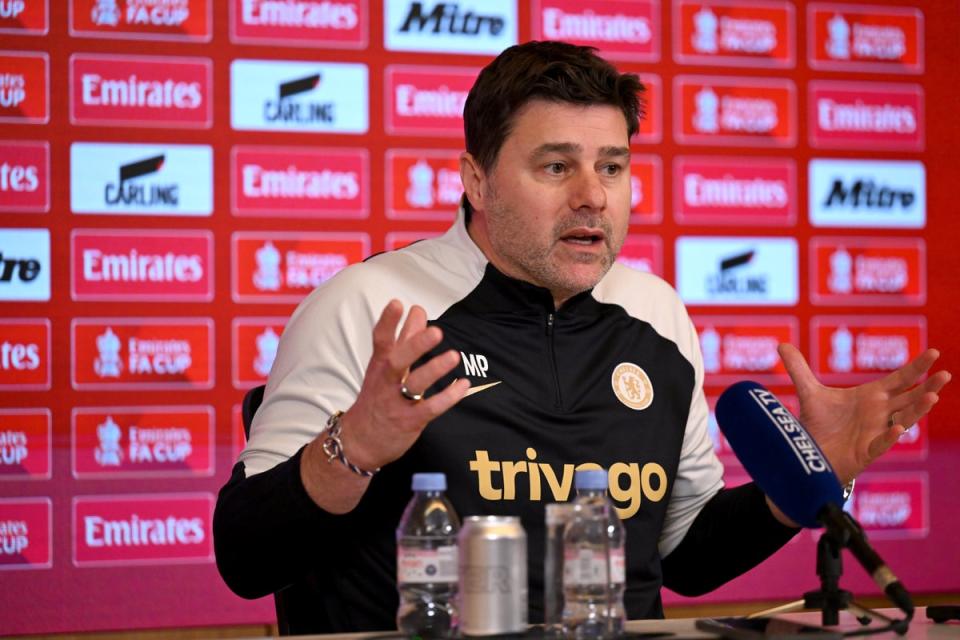 Mauricio Pochettino was animated during Tuesday’s press conference (Chelsea FC via Getty Images)