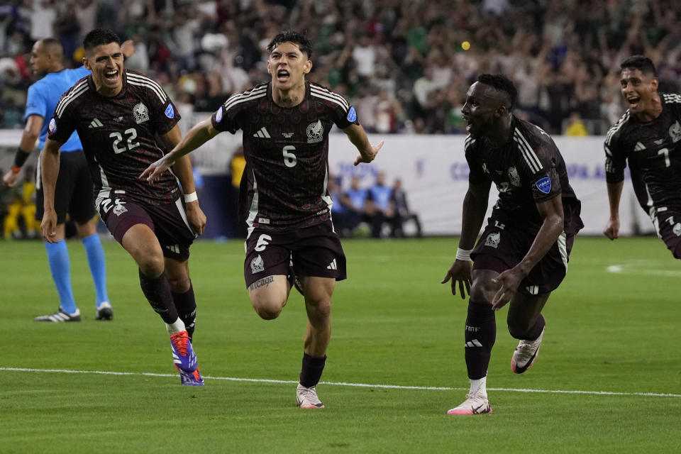 Mexico's Gerardo Arteaga (6) celebrates scoring his side's opening goal against Jamaica during a Copa America Group B soccer match in Houston, Saturday, June 22, 2024. (AP Photo/David J. Phillip)