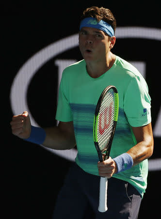 Tennis - Australian Open - Melbourne Park, Melbourne, Australia - 19/1/17 Canada's Milos Raonic celebrates winning his Men's singles second round match against Luxembourg's Gilles Muller. REUTERS/Issei Kato