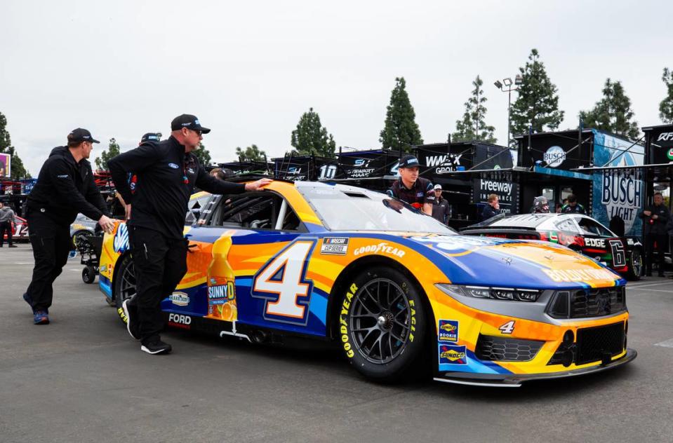 Feb 3, 2024; Los Angeles, California, USA; The car of NASCAR Cup Series driver Josh Berry (4) before qualifying for the Clash at the Coliseum at the Los Angeles Memorial Coliseum. Jason Parkhurst/USA TODAY Sports