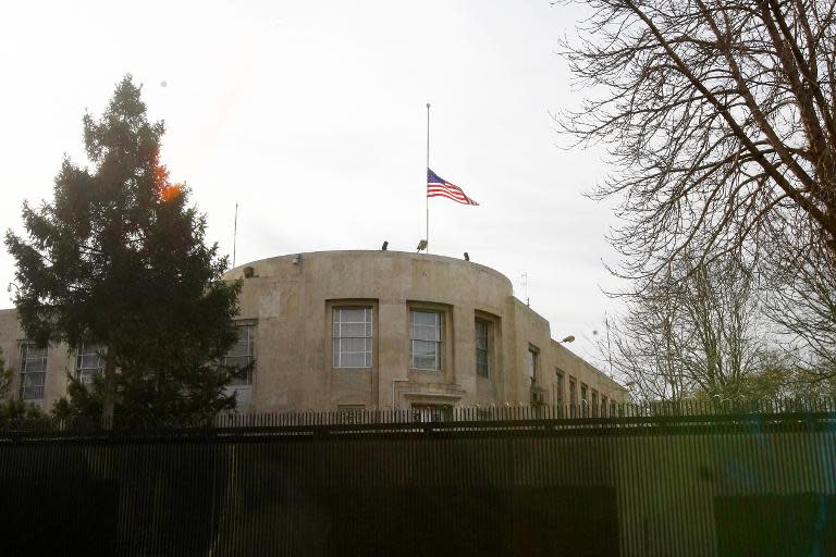 File photo shows the US national flag flying above the US Embassy in Ankara on February 2, 2013