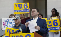 Carl DeMaio, who is leading the Proposition 6 campaign to repeal a recent gas tax increase, discusses a ballot measure he is proposing to provide money for road repairs and eliminate high-speed rail on Tuesday, Sept. 25, 2018, in Sacramento, Calif. The 2020 initiative would change the state constitution to require that revenue from existing gas taxes be spent only for road and bridge work. (AP Photo/Rich Pedroncelli)