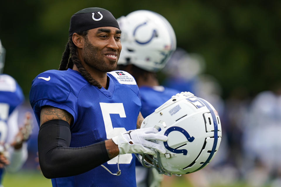 Indianapolis Colts cornerback Stephon Gilmore (5) prepares for practice at the NFL team's football training camp in Westfield, Ind., Tuesday, Aug. 2, 2022. (AP Photo/Michael Conroy)