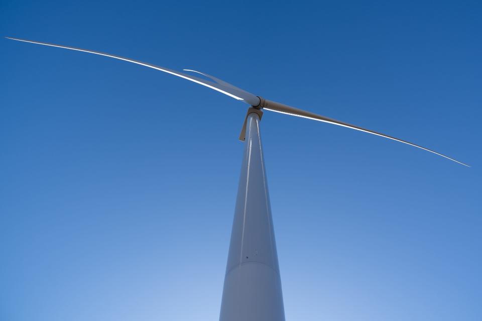 A wind turbine on the 120-turbine Soldier Creek Wind Farm in Goff, Kansas, October 2023.