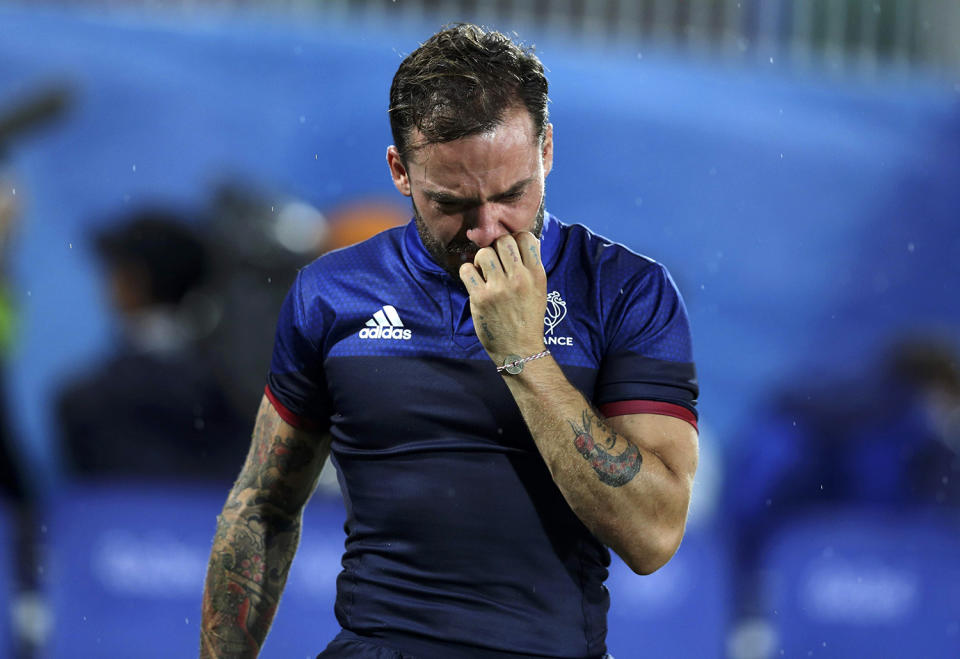 <p>Terry Bouhraoua of France reacts after their loss to Japan in the men’s rugby quarterfinals at the Rio Olympics on August 10, 2016. (REUTERS/Phil Noble) </p>