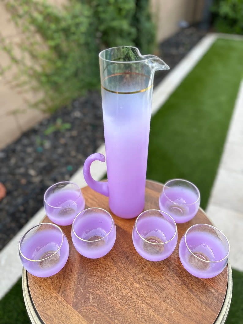 <p>Vintage Frosted Blendo Glass Set — 1960’s</p><p>etsy.com</p><p>$120.00</p><p><a href="https://go.redirectingat.com?id=74968X1596630&url=https%3A%2F%2Fwww.etsy.com%2Flisting%2F1379740997%2Fvintage-frosted-orchid-purple-blendo&sref=https%3A%2F%2Fwww.cosmopolitan.com%2Flifestyle%2Fa42450300%2Finterior-design-trends-2023%2F" rel="nofollow noopener" target="_blank" data-ylk="slk:Shop Now" class="link ">Shop Now</a></p><span class="copyright">Etsy</span>
