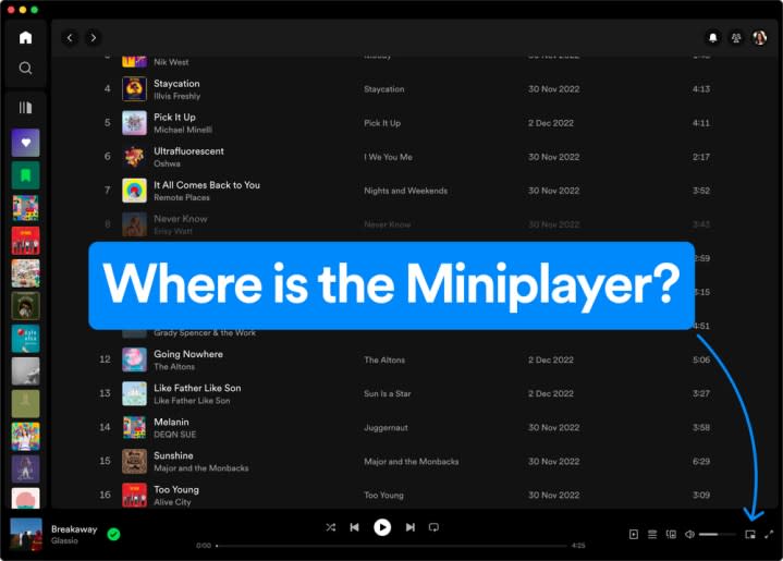 The spotify Desktop Miniplayer showing where the icon is.