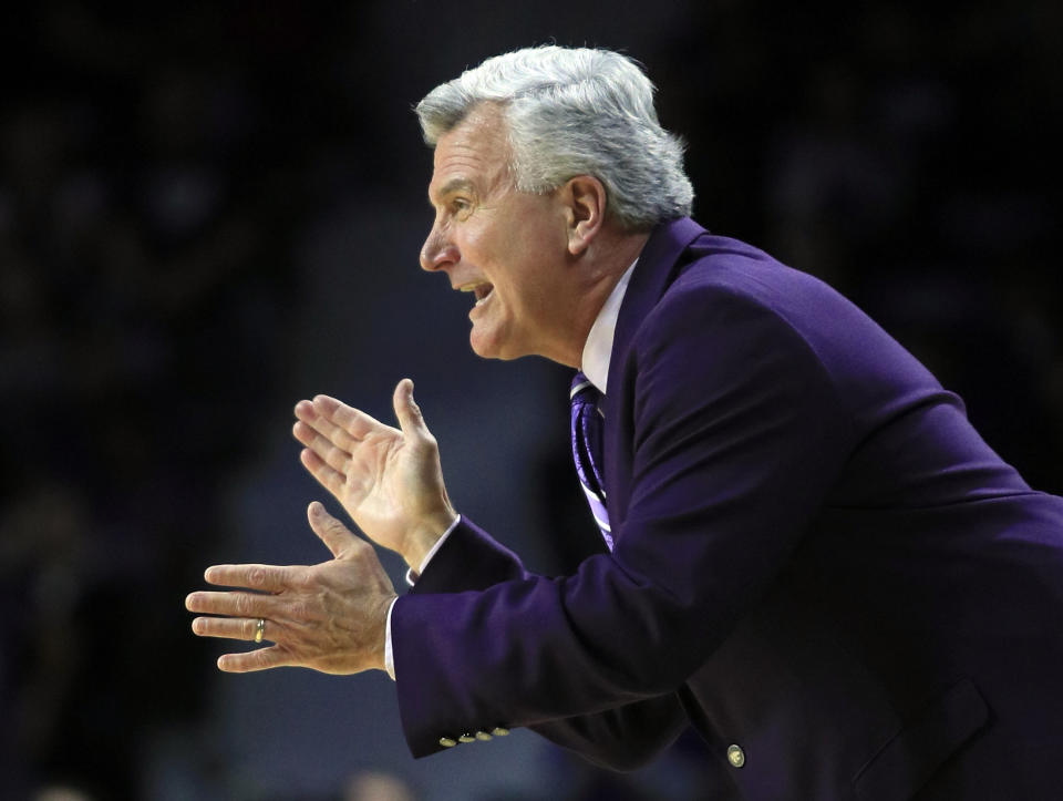 Kansas State head coach Bruce Weber reacts during the first half of an NCAA college basketball game against Oklahoma State in Manhattan, Kan., Saturday, Feb. 23, 2019. (AP Photo/Orlin Wagner)