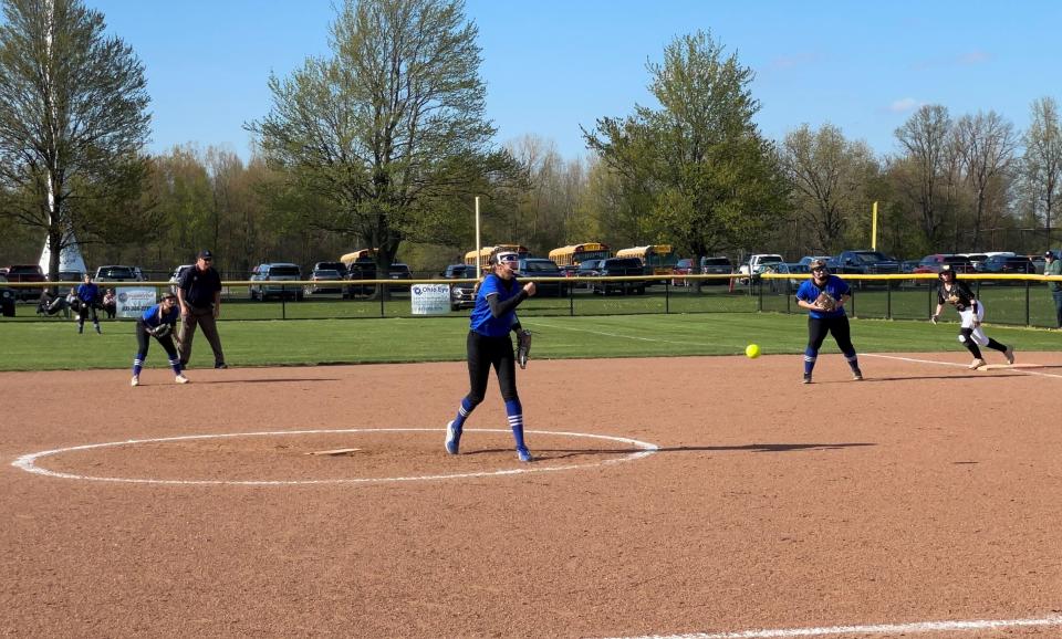 Wynford's Rylee Robinson delivers a pitch against Colonel Crawford.