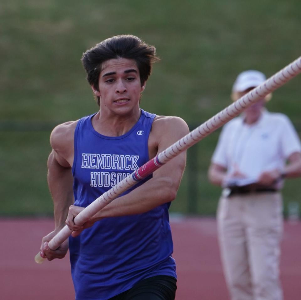 Hen Hud's Trey Feirman sprints down the runway during the boys Division 2 pole vault competition at the Section 1 state qualifying meet at Suffern Middle School on Thursday, June 1, 2023. The senior cleared a personal-best 13 feet to win the competition and qualify for the state championships.