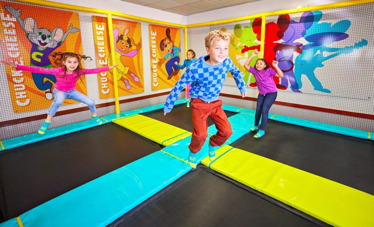 Chuck E. Cheese trampoline zone allows for enclosed fun for children in attendance