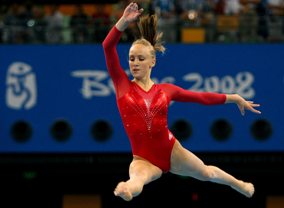 BEIJING - AUGUST 17: Nastia Liukin of the United States competes in the women's individual floor final in the artistic gymnastics event held in National Indoor Stadium on Day 9 of the Beijing 2008 Olympic Games on August 17, 2008 in Beijing, China. Liukin went on to win the bronze medal. (Photo by Jed Jacobsohn/Getty Images)