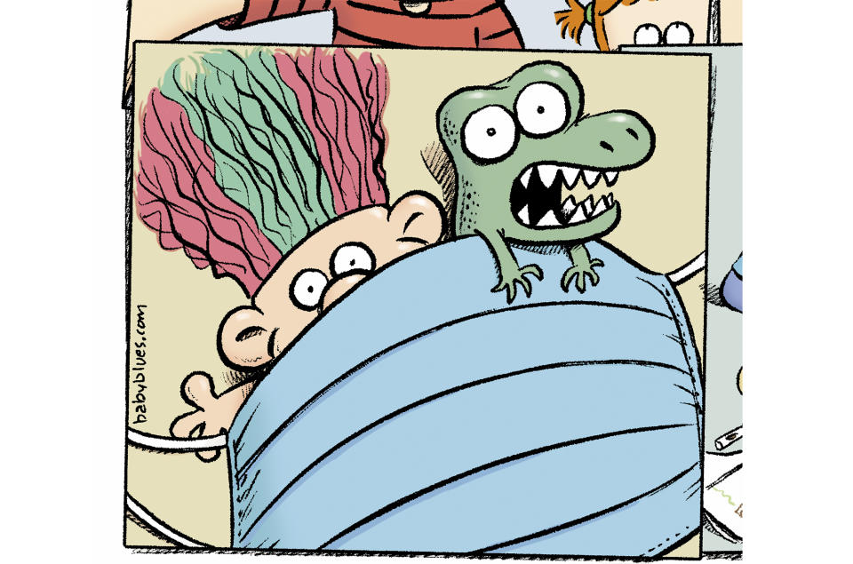 This image released by King Features shows a clip from the comic strip "Baby Blues" by Rick Kirkman and Jerry Scott. More than 70 comic strips and panels will each have symbols hidden in their artwork to honor workers on the frontlines of the coronavirus pandemic. (King Features via AP)