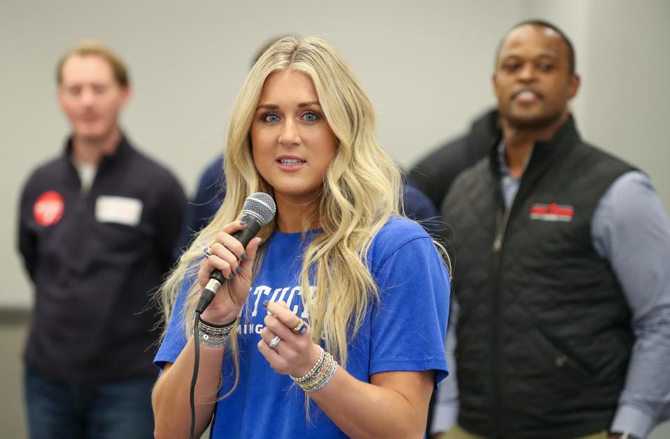 Former UK swimmer Riley Gaines speaks to the crowd during a campaign stop for Daniel Cameron in Shepherdsville on Wednesday, Nov. 1, 2023.