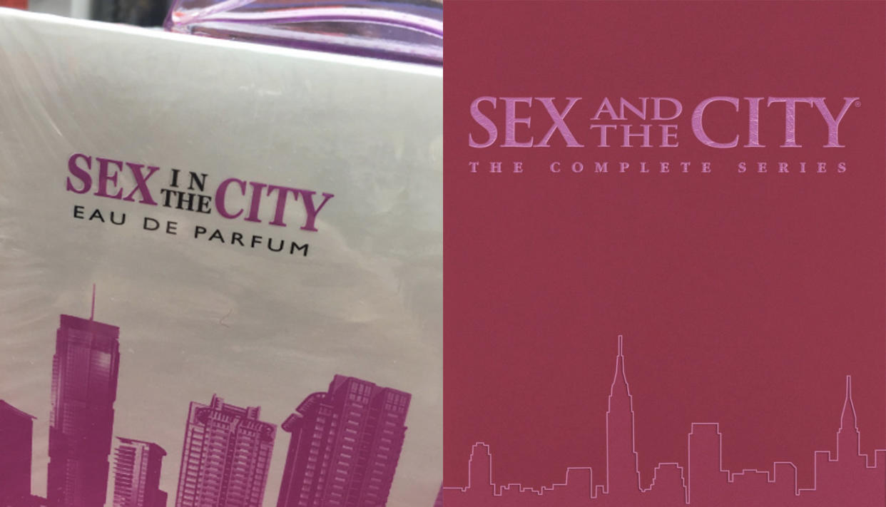 "Sex in the City" perfume next to a "Sex and the City" DVD cover