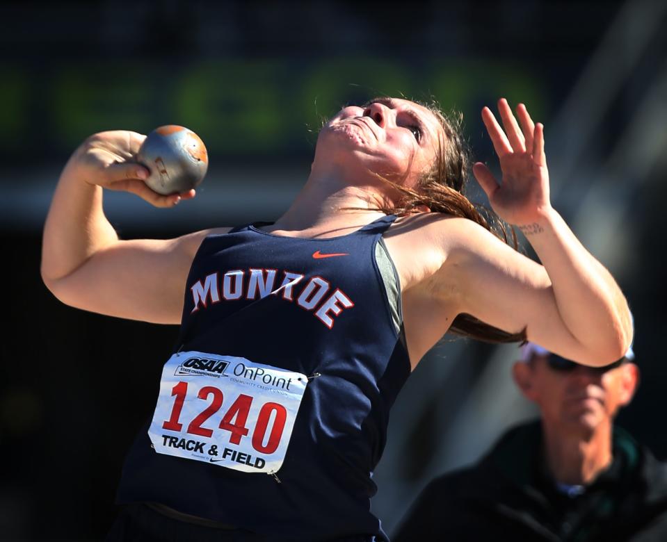 Laura Young from Monroe competes in the 2A girls shot put on her way to the state title in the event during the OSAA State Track & Field Championships Friday at Hayward Field in Eugene, Oregon.