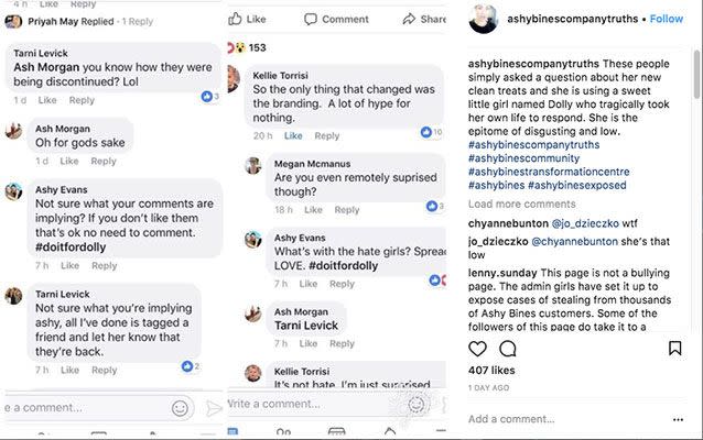 A series of screengrabs that appeared to show the personal trainer responding to negative comments on her social media account with the #doitfordolly hashtag. Source: ashybinescompanytruths