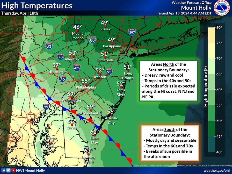 According to the National Weather Service, a turbulent weather pattern will continue to settle over the Delaware Valley on Thursday, April 18.