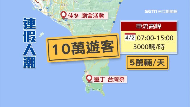 連續假期墾丁地區多處有活動，車潮和人潮估計數量可觀。