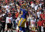 FILE PHOTO - Dec 30, 2018; Los Angeles, CA, USA; Los Angeles Rams defensive end Aaron Donald (99) celebrates after a sack in the first quarter against the San Francisco 49ers at Los Angeles Memorial Coliseum. Mandatory Credit: Kirby Lee-USA TODAY Sports