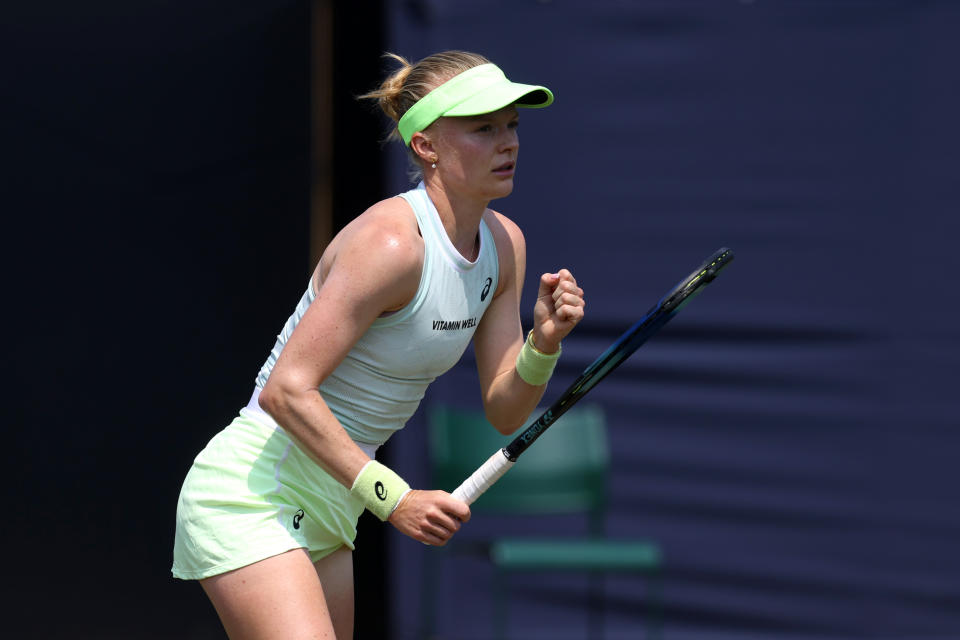 Harriet Dart celebrates against Sofia Kenin at the Rothesay International Eastbourne at Devonshire Park on June 26, 2024 in Eastbourne, England.  (Charlie Crowhurst/Getty Images for LTA)