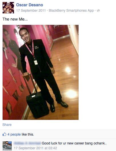Flight attendant Oscar Desano posted a photo of himself in an AirAsia uniform to Facebook in September 2011 captioned 'The new me'. Photo: Facebook/Oscar Desano