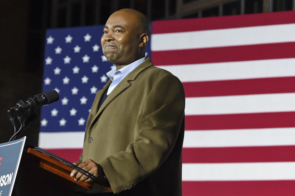 FILE - In this Nov. 3, 2020, file photo Democratic Senate candidate Jaime Harrison speaks at a watch party in Columbia, S.C., after losing the Senate race. Harrison, the longtime Democratic Party official, is President-elect Joe Biden’s choice to lead the national party, according to multiple party officials. (AP Photo/Richard Shiro, File)