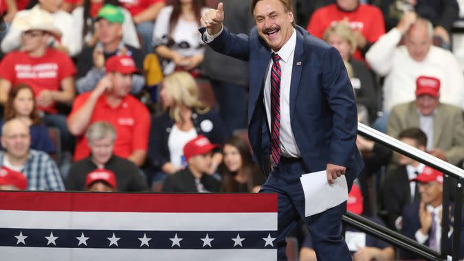 Mandatory Credit: Photo by Jim Mone/AP/Shutterstock (9915903b)Mike Lindell, inventor and founder of My Pillow, gives a thumbs up before a rally address by President Donald Trump, in Rochester, MinnElection 2018 Trump, Rochester, USA - 04 Oct 2018.