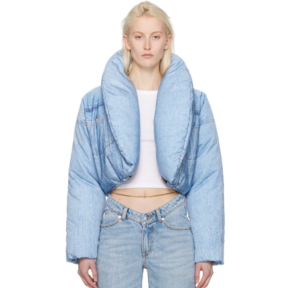  Blonde pale women wearing light blue Alexander Wang jacket and jeans. 