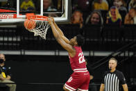 Indiana forward Jordan Geronimo dunks the ball during the first half of an NCAA college basketball game against Iowa, Thursday, Jan. 21, 2021, in Iowa City, Iowa. (AP Photo/Charlie Neibergall)