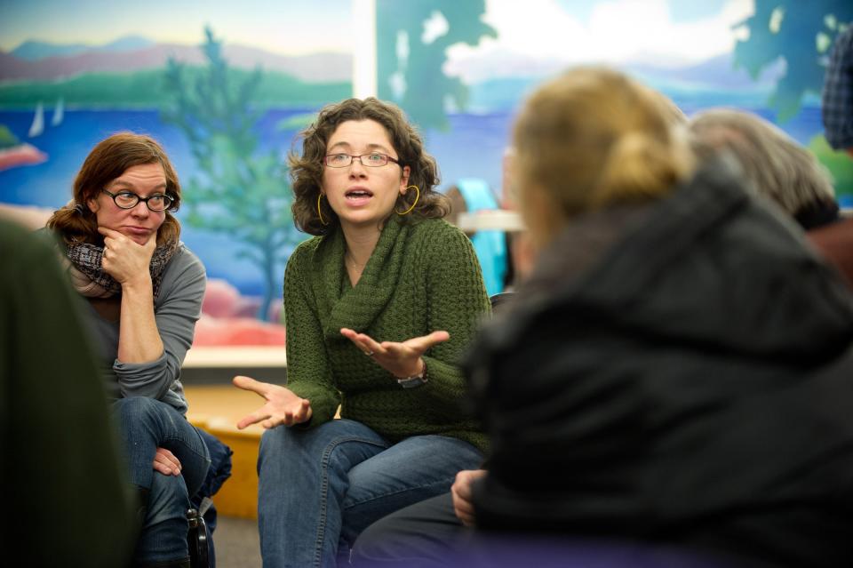 Emma Mulvaney-Stanak, then-chair of the Vermont Progressive Party, is shown talking to the Burlington Progressive Party Caucus in 2012.